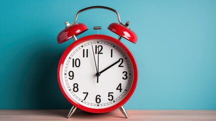 Red Vintage Alarm Clock on Blue Background