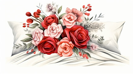 Bouquet in bed tones with red accent watercolor on white background