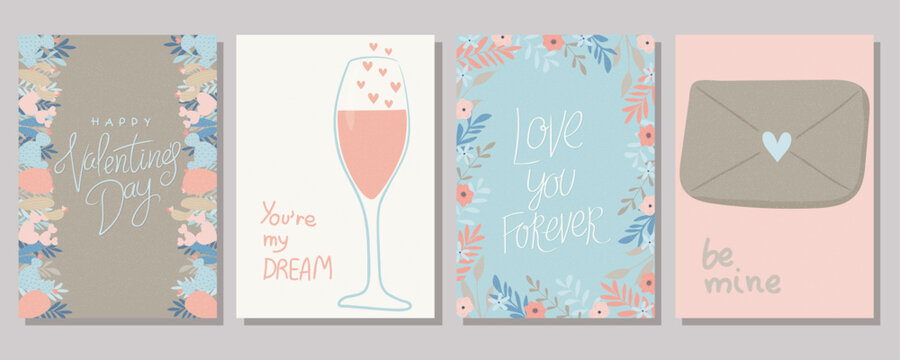 A set of postcards for Valentine's Day. Cute illustrations. Couple in love. Cute elements for holiday cards	