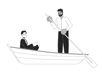 Interracial gay men on romantic boat ride black and white 2D line cartoon characters. Affectionate homosexual couple isolated vector outline people. Lake romance monochromatic flat spot illustration