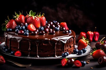 Chocolate cake with with berries, strawberries and cherries. cake on a dark brown background. copy...