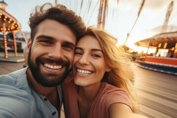 People cheerful good mood at amusement park sunny day at background Generative AI picture