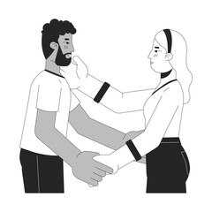 Fototapeta premium Interracial heterosexual lovers embrace black and white 2D line cartoon characters. Affectionate sweethearts isolated vector outline people. Intimate bonding monochromatic flat spot illustration