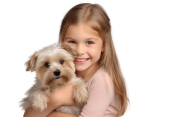 smiling little caucasian girl holds a yorkshire terrier puppy dog in his arms looking at camera on transparent background