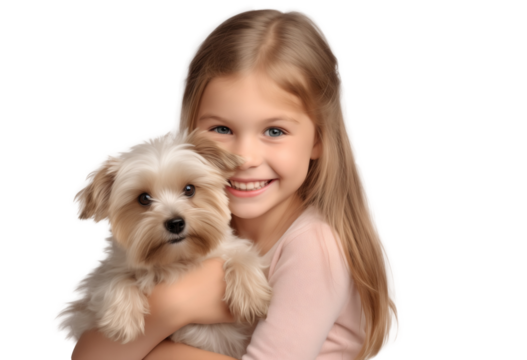 smiling little caucasian girl holds a yorkshire terrier puppy dog in his arms looking at camera on transparent background