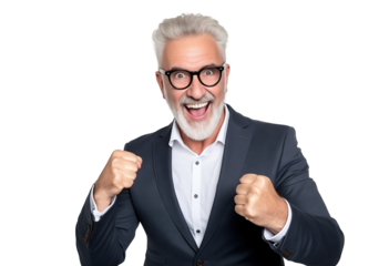 Excited mature Businessman Celebrating Victory, Screaming with Clenched Fists on transparent background