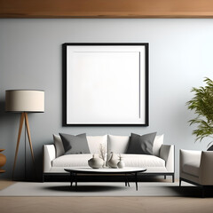 Frame mockup, ISO A paper size. Living room wall poster mockup. Interior mockup with house background. modern living room