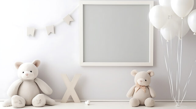 Stylish and modern scandinavian newborn baby interior with mock up photo or poster frame on the white shelf. Toys, teddy bear, plush rabbit and hanging cotton flags, cloud and stars. Generative Ai