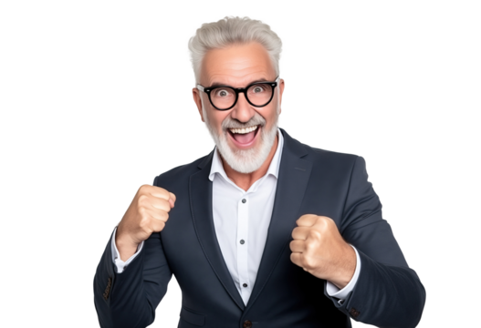 Excited mature Businessman Celebrating Victory, Screaming with Clenched Fists on transparent background