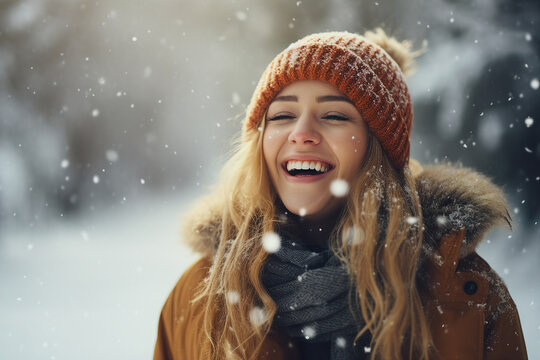 AI generated picture of cheerful positive charming adult girl walking in snowy winter park