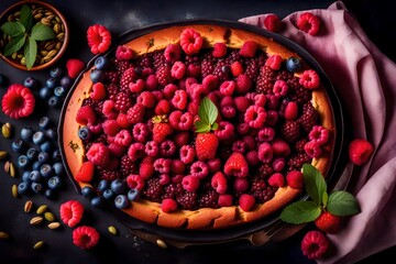 Delicious raspberry cake with fresh strawberries, raspberries, blueberry, currants and pistachios on vintage background. Copy space.