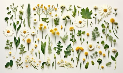 medicinal plants on light background: chamomile, fern, fern, fletley for illustration of natural cosmetics, medicines  - obrazy, fototapety, plakaty