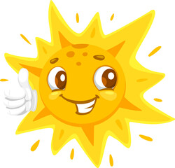 Cartoon funny kawaii sun character with thumb up. Happy summer sunshine vector personage with cute smiling face showing approval sign. Bright yellow sun emoji for sunny day, weather or climate themes