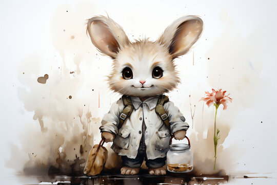 Illustration Of A Cute Beige Rabbit Toy In White Clothes Standing On Black Wet Ground With A Glass Jar And Leaf In Her Paws Looking At The Camera With A Flower A White Background.