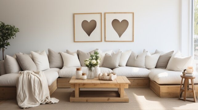 cozy living room with beautiful heart-shaped throw pillows.