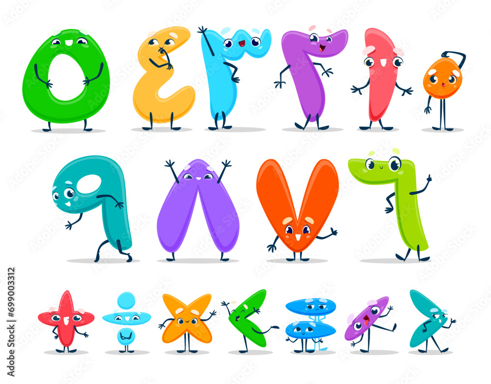 Poster Arabic numbers or numeral characters. Cartoon vector numeric system personages, representing quantities or values. Cute funny digits from 0 to 9 and signs for efficient mathematical calculations