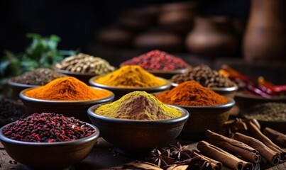 A montage of vibrant spices with diverse tactile qualities and configurations, situated in a wooden vessel, echoing the richness of Indian flavors
