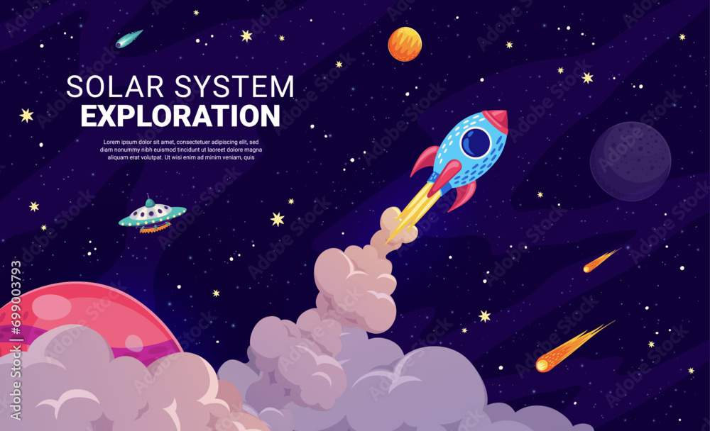 Poster Rocket launch to galaxy space, fast start theme with rocket and chemtrail clouds, vector background. Solar system exploration cartoon poster with spaceship shuttle launch to outer space planets
