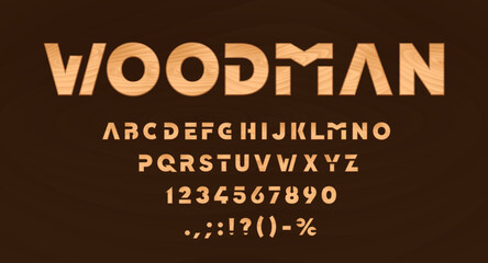 Furniture font, wooden type, timber alphabet, oak or pine tree texture typeface. English ABC numeral and punctuation symbols, font typeset vector letters and digits with wooden furniture texture
