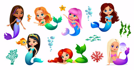 Cartoon mermaid characters of cute little sea princess with ocean water animals. Vector personages of fairy underwater girls, mermaids with fish, seahorse, starfish and corals, jellyfish and seaweed - obrazy, fototapety, plakaty