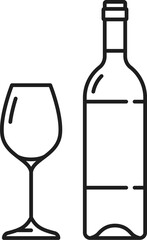 Drink of wine and glass isolated outline icon. Vector glass bottle, burgundy beverage and goblet, thin line. Winery product, semi sweet alcohol drink