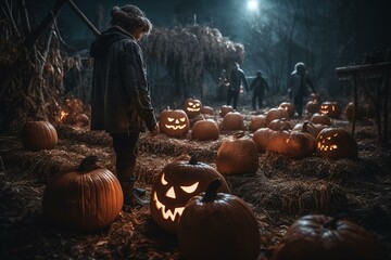 Spooky art of ominous character amidst jack-o-lanterns and moonlight. Generative AI