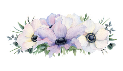 Pastel purple and white anemone flowers horizontal wedding banner with eucalyptus branches and grass watercolor floral illustration isolated on white. Field poppy for spring designs - obrazy, fototapety, plakaty