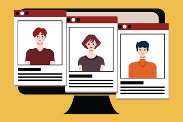 Group of young people on computer screen. Vector illustration in flat style.