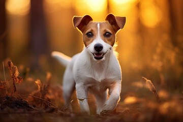 Jack russell terrier puppy running in the autumn forest, Jack Russell Terrier dog, AI Generated - obrazy, fototapety, plakaty