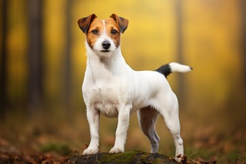 Jack Russell Terrier dog standing in the autumn forest. Selective focus, Jack Russell Terrier dog, AI Generated - Powered by Adobe