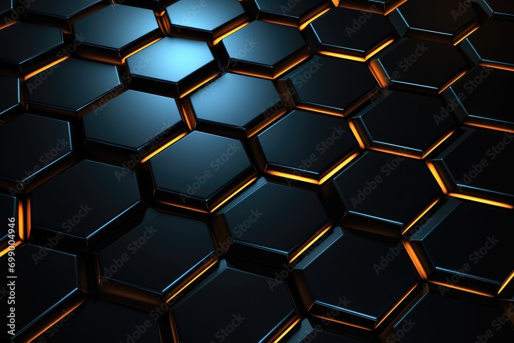 Poster 3d rendering of abstract background with hexagons in black and orange, futuristic, high-tech dark ba