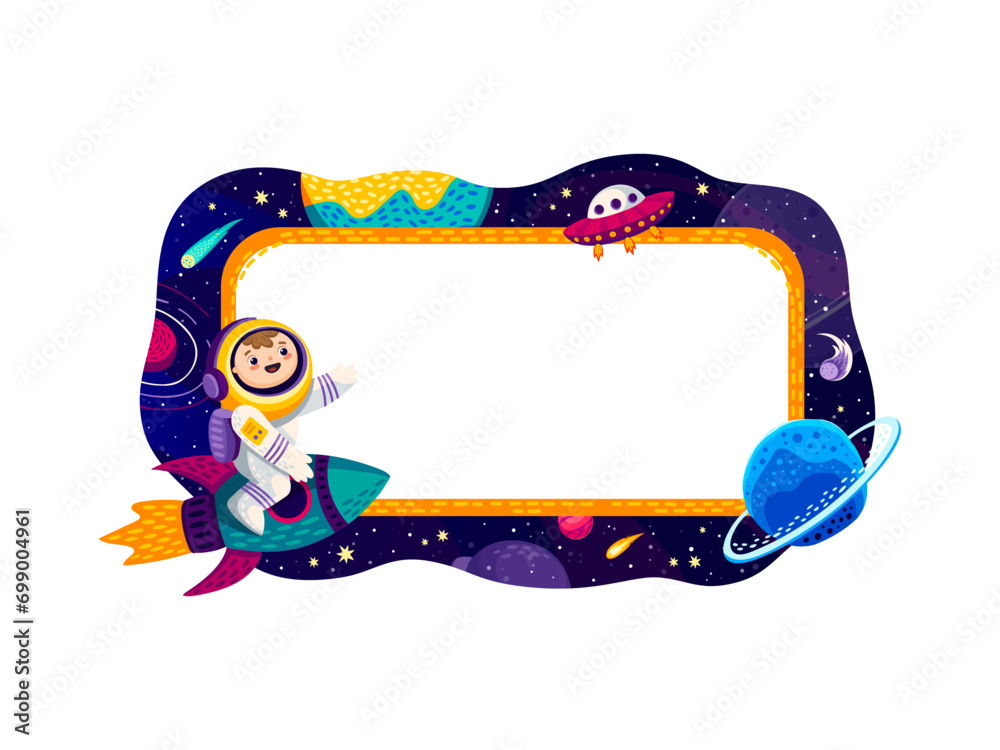 Poster border frame with space planets, stars, spaceship and astronaut at galaxy. space exploration vector 