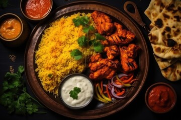 Chicken tikka masala or chicken tikka, popular Indian food, Indian food feast with chicken tikka masala curry, tandoori chicken, and appetizers, top view, AI Generated