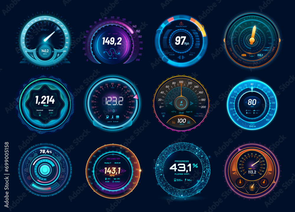 Poster Speedometer neon dial, car and internet traffic speed gauge dashboard, futuristic counter interface, vector HUD elements. Digital charge, speed meter and connection test indicators, race sport game