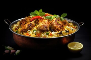 Fototapeta premium Indian chicken biryani served in a copper bowl on black background, Indian chicken biryani with rice and vegetables on a black background, AI Generated