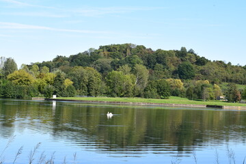 Fototapeta na wymiar blue lake in autumn, Lac d'Echternach