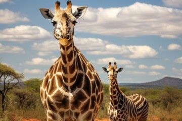 Two Giraffes in the Tsavo East National Park, Kenya, Giraffe and Plains zebra in Kruger National...