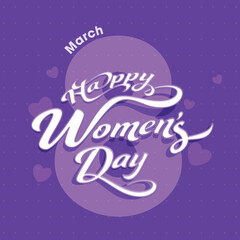 8th March, Happy Women's Day Greeting Card Design with Flat Eight Number Over Purple Hearts and Dotted Pattern Background.