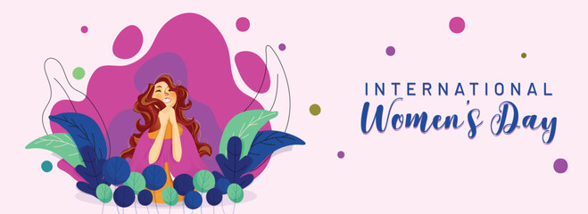 Obraz na płótnie Canvas International Women's Day Banner or Header Design with Cheerful Portrait of Young Woman on Leaves Background.
