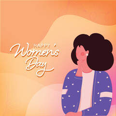 Cartoon Character of Faceless Young Woman on Yellow Leaves Wavy Background for Happy Women's Day Celebration Concept.