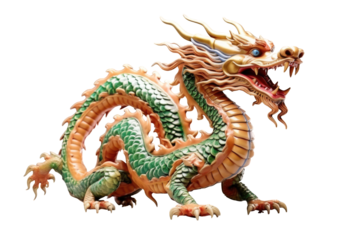Beautiful traditional Chinese dragon statue isolated on a cut out PNG transparent background