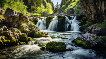 Beautiful flowing waterfalls in a rocky, AI Generative.