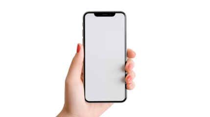 Hand holding the black smartphone with blank screen and modern frameless design, hold Mobile phone on transparent background