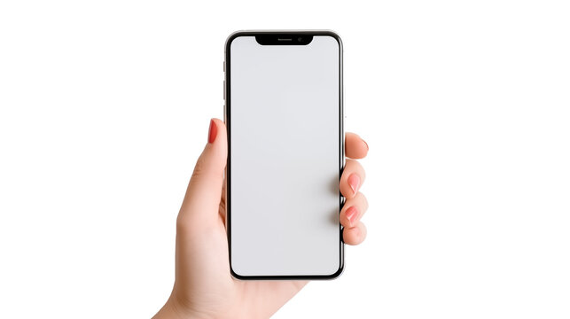 Hand holding the black smartphone with blank screen and modern frameless design, hold Mobile phone on transparent background