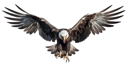Bald american Eagle Isolated on White Background, Adult Flying Eagle Isolated on White Background - obrazy, fototapety, plakaty