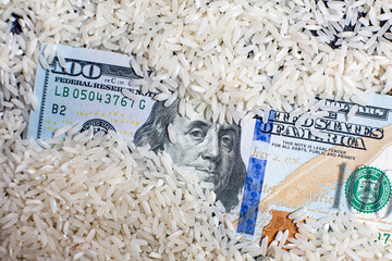 Raw rice for cooking and one hundred dollars buying rice