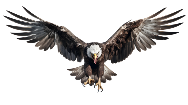 Bald american Eagle Isolated on White Background, Adult Flying Eagle Isolated on White Background