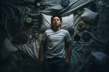 Distressed Man suffering from insomnia on bed. Sleep fear worried night problem. Generate Ai
