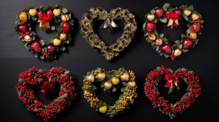 Four heart-shaped Christmas wreaths creatively designed and isolated on a white background,