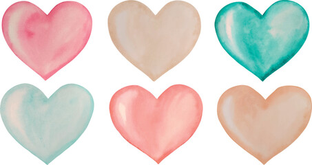 Obraz premium Watercolor and vector colored hearts, Valentine's day, love, hand painted on paper, white background, for text, banner, card, invitation, design for banner, logo, brand